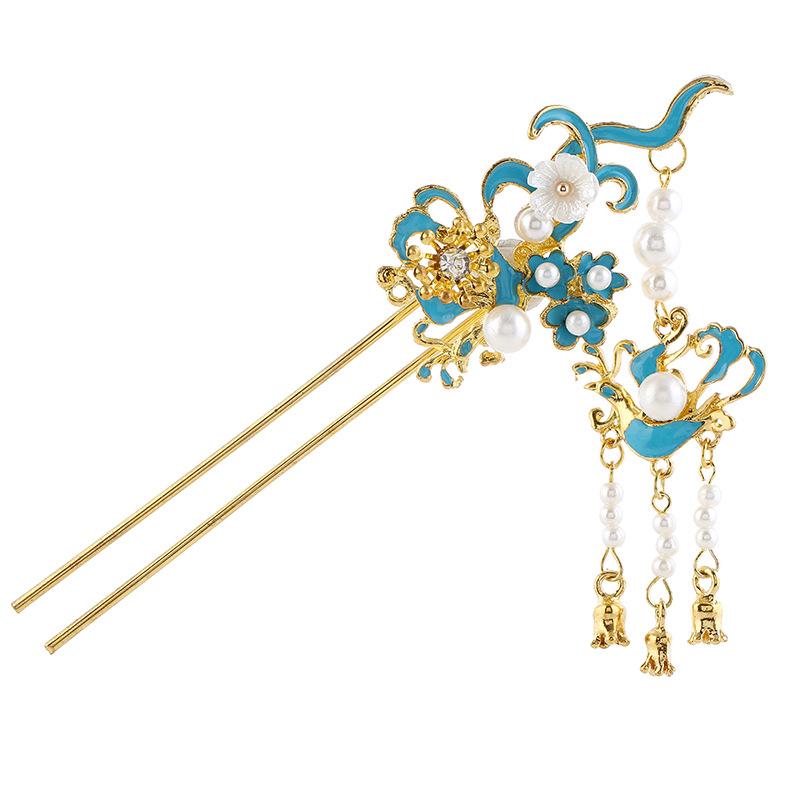 Antique Cloisonne Hairpin Hairpin Hairpin Ancient Clothing Hair Accessories Burnt Blue Phoenix Hairpin Retro Fringed Step Shake Hanfu Accessories