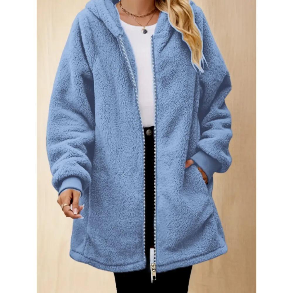 Damen Plüsch Reißverschluss Jacke Mit Kapuze Locker Langarm Pelzig Strickjacke Winter