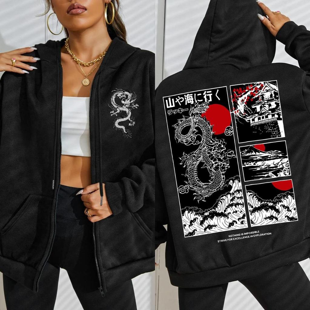 Harajuku Japan Dragon Cherry Bloom Sea Wave Design Woman Zipper Hoodie Loose Streetwear Womens Pocket Fleece Sportswear