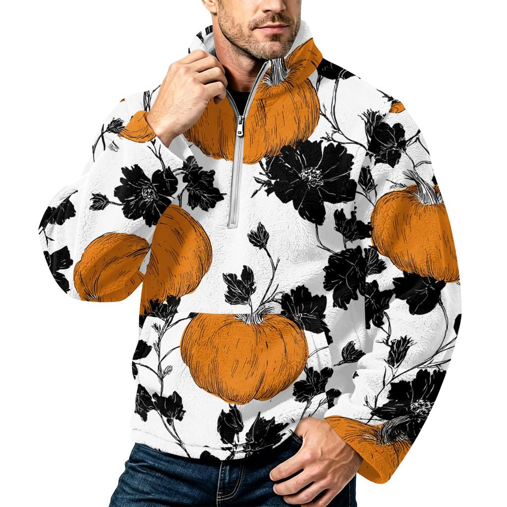 Men's Halloween Print Flannel Zip-Up Sweatshirt, Plus Size Stand Collar Casual Fall Winter Top