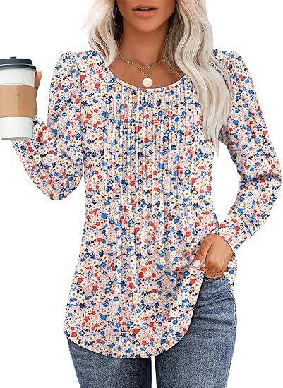 Women Long Sleeve Ribbed Knit Top Crew Neck Puff Shoulder Casual Loose Fall Blouse Shirt