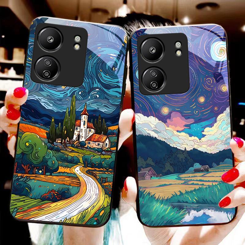Olejomaľba Domček Pre Xiaomi Redmi 13C Note13 12 Pro Plus 5G Note 9 13T Pro POCO X6 F5 F6 Čierny Kryt na Telefón z Tvrdeného Skla