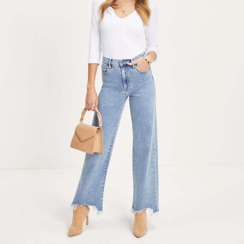 Summer new women's denim trousers with irregular fringes on the feet Simple casual wide-leg trousers for women