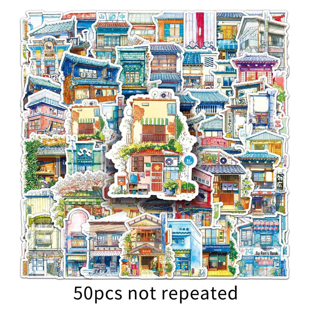50 Japanese Street Style Cartoon Graffiti Scenery Waterproof Stickers for Journals and Computers.