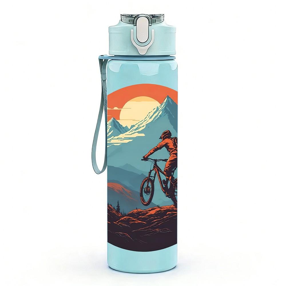 1PC Mountain Biker Sunset Retro Print 750ml Color Plastic Sports Water Bottle Leakproof Flip Straw Lid Suitable for Sports Office Home Use