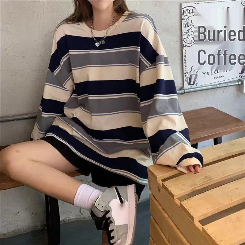 Tricou cu mânecă lungă cu dungi curcubeu pentru femei - Toamnă Coreean Lejer 2022
