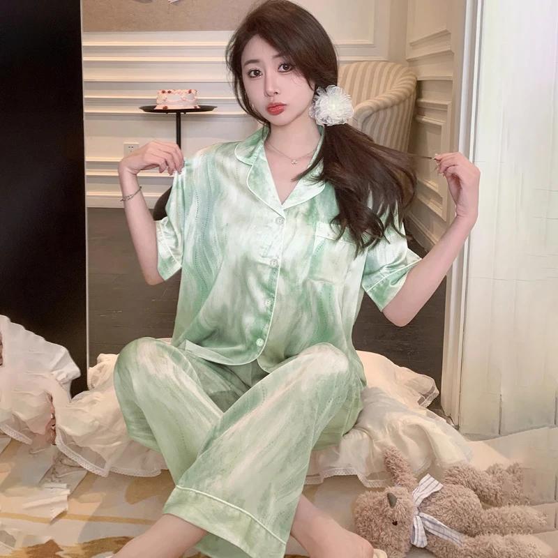 Literary Retro Water Wave Print Women's 3pcs Pajamas Classic Elegance Flowing Green Home Sleepwear New Autumn Ins Nightwear