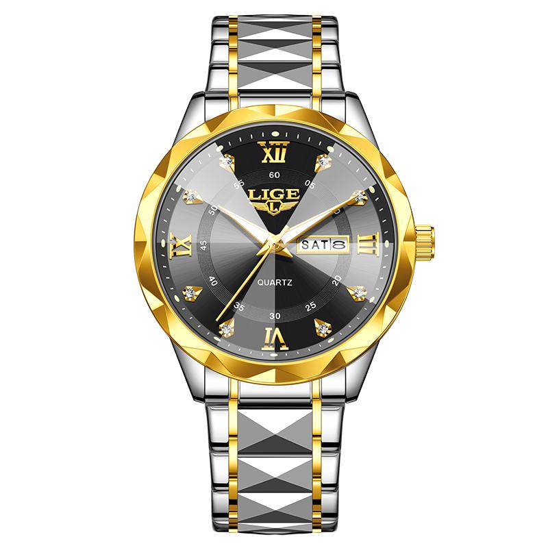 LIGE Top Brand Luxury Men's Watches Waterproof Diamond Luminous Calendar Week Watch For Man Casual Stainless Steel Quartz Watch