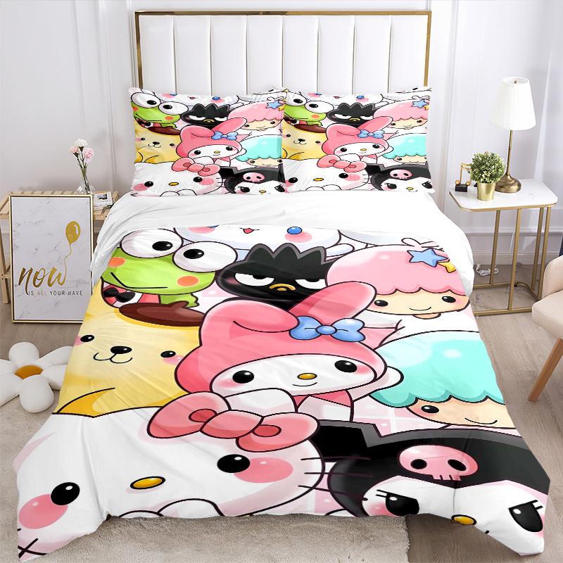 3pcs My Melody & Friends Quilt Cover Set (1 Quilt Cover + 2 Pillowcases Without Pillow Core), High-Definition Printing for Home and Dormitory.W06