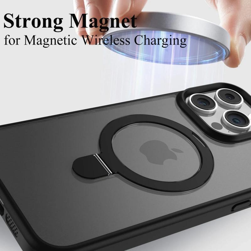 Magnetic Mobile Phone Case with Ring Stand for iPhone 16 15 14 Pro Max  Plus 13 12 11 Cases Translucent Cover with Protector