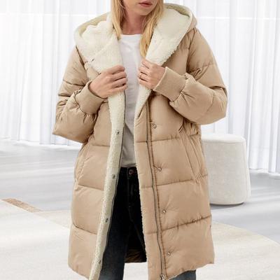 Winter Frauen Mantel Dicke Fleece-Futter Winddicht Reißverschluss Mit Kapuze Elastische Manschette Taschen Lange