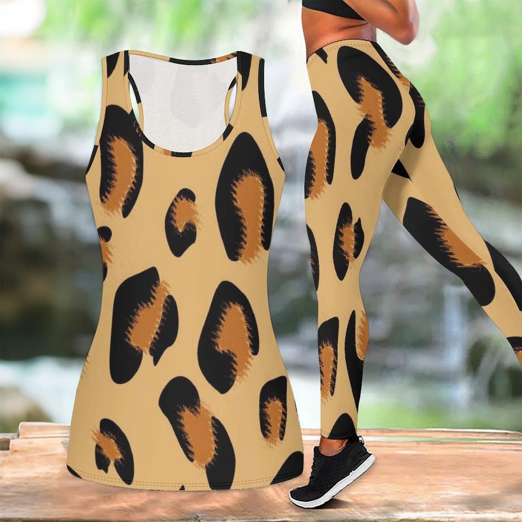 Leopard Print Yoga Outfit for Women Fashion Workout Leggings Fitness Sports Casual Yoga Set Sports Suit