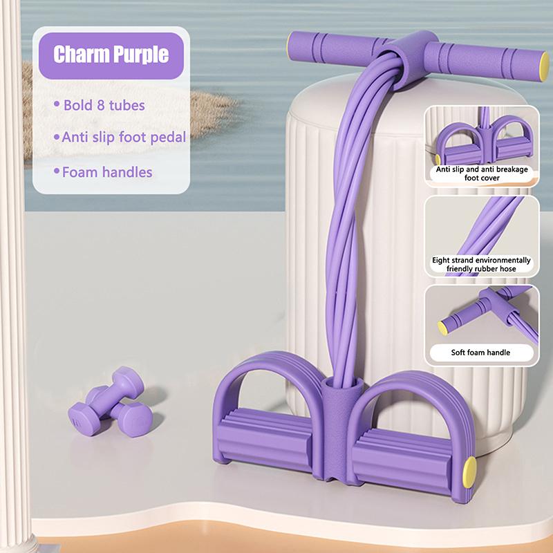 

Багатофункціональний еспандер 8-трубчастий еластичний для йоги, педальний, з еластичною стрічкою для розтяжки ніг, схуднення, тренувань фіолетовий