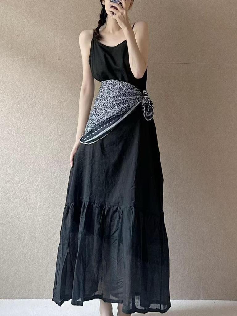 Bomull Linne Vit Vardaglig Lapptäcke Axelband Klänning Sommar Elegant Ny Stil Lös Mode Lång Klänning
