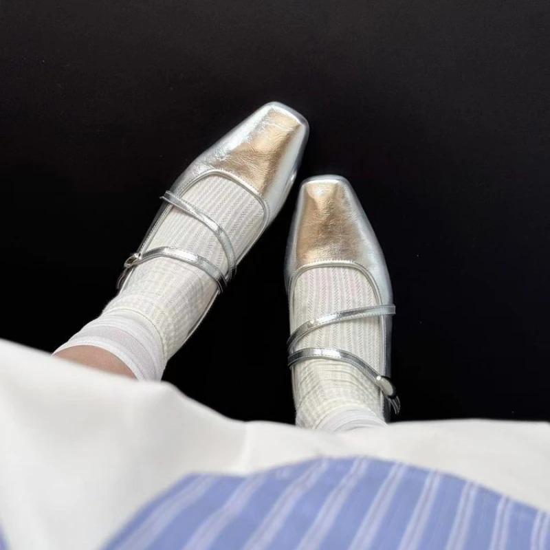 Low Heel Less than 3cm Slip-On Flat Head Square Rubber Sole Women's Shoes Korean Style Solid Color Adult Flats Pumps