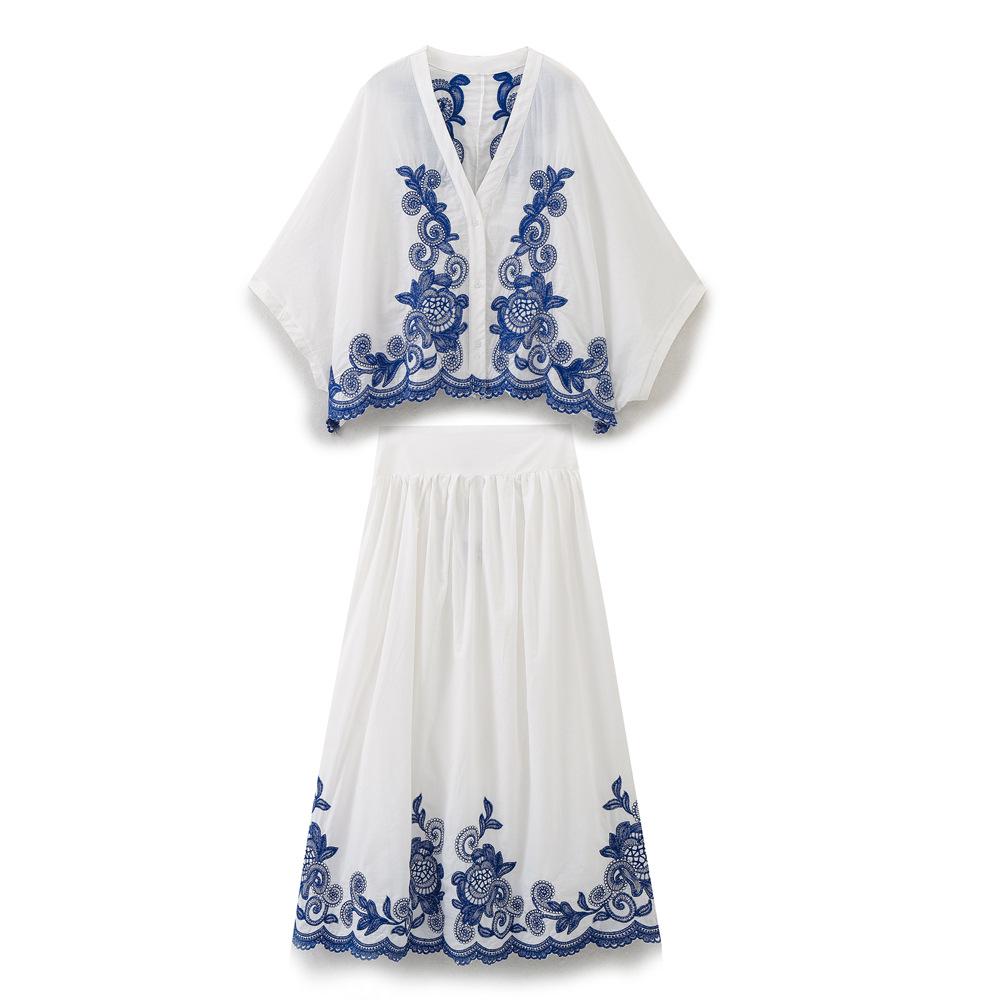 

Women s Summer 2025 Retro Color Block Embroidered Shirt and Midi Skirt Set L