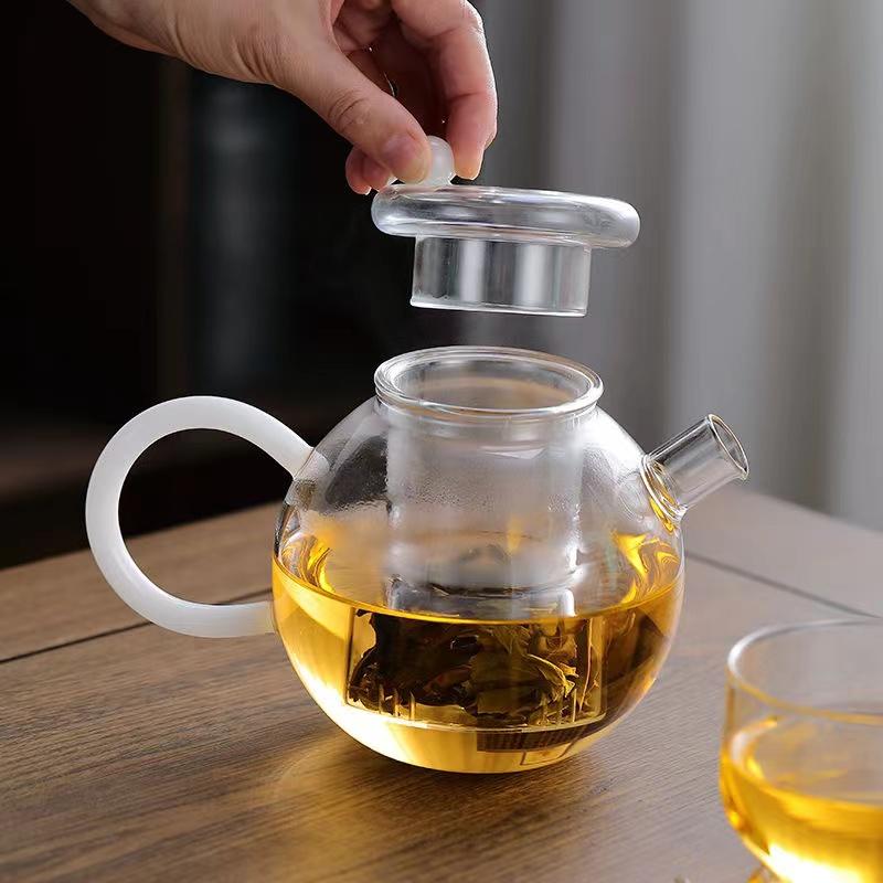 English Glass Teapot Set Heat Resistant High Borosilicate Glass Boiling Teapot Black and White Handle Household Tea Infuser
