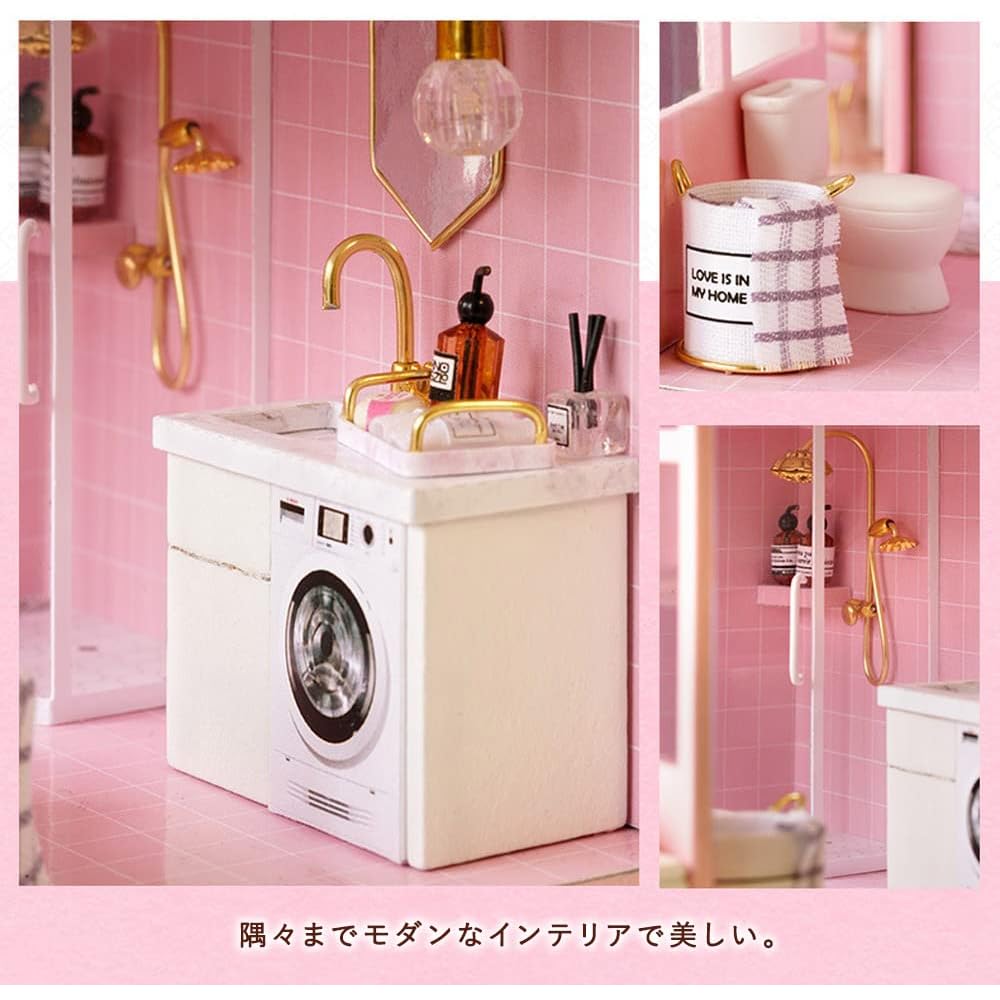 Moin Moin 1/24 Dollhouse Miniature DIY Kit Modern Pink Flower Room with LED Light and Acrylic Case