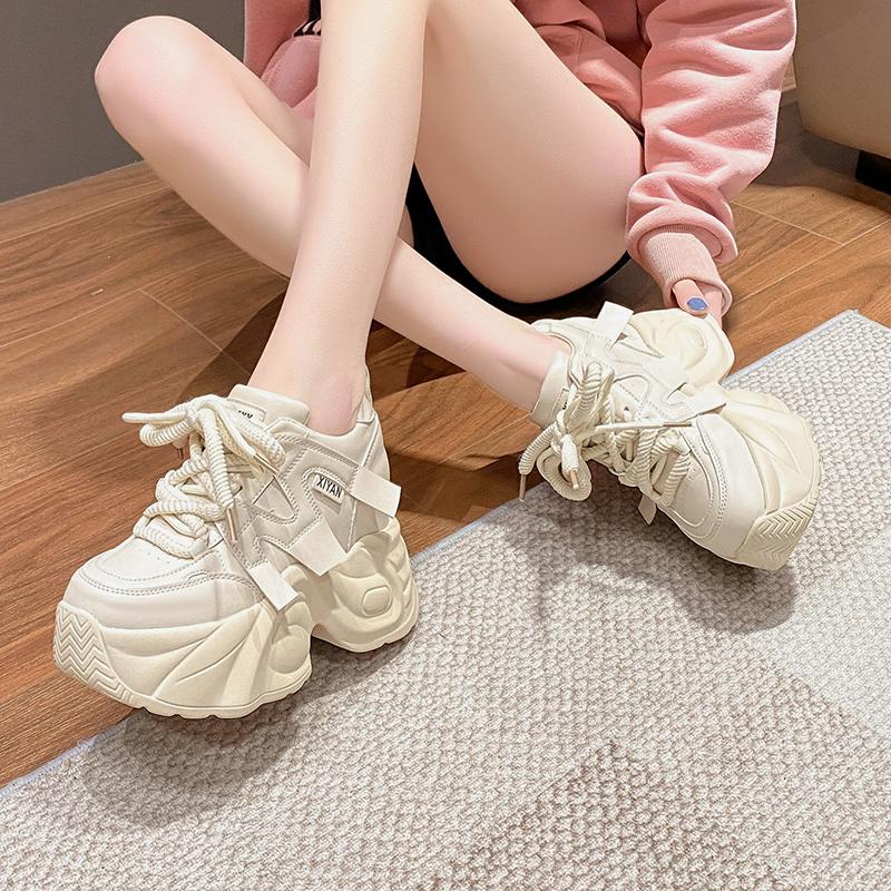 Fashion 10.5CM Women Casual Leather Sneaker Autumn Lace up High Platform Shoes Thick Sole Sport Dad Shoes Woman Sneakers Chaussure Femme