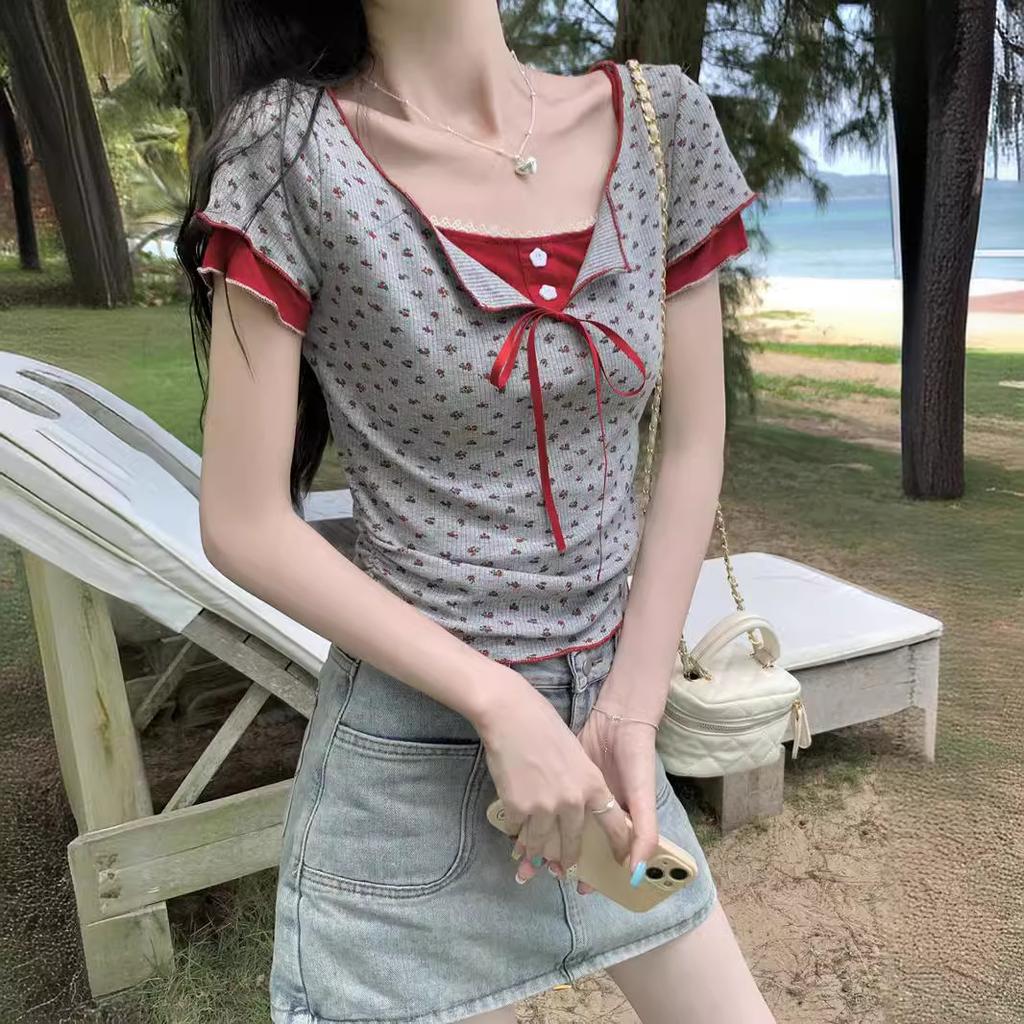Pure and Fake Two-piece Contrasting Floral Summer New Strap Bow Sexy Short Base Top