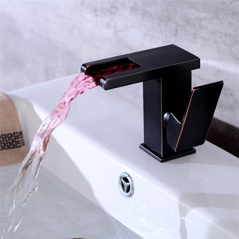 LED Basin Faucet Hot and Cold Square Basin Faucet Brass Waterfall Crane Sink Faucet Single Handle Water Tap
