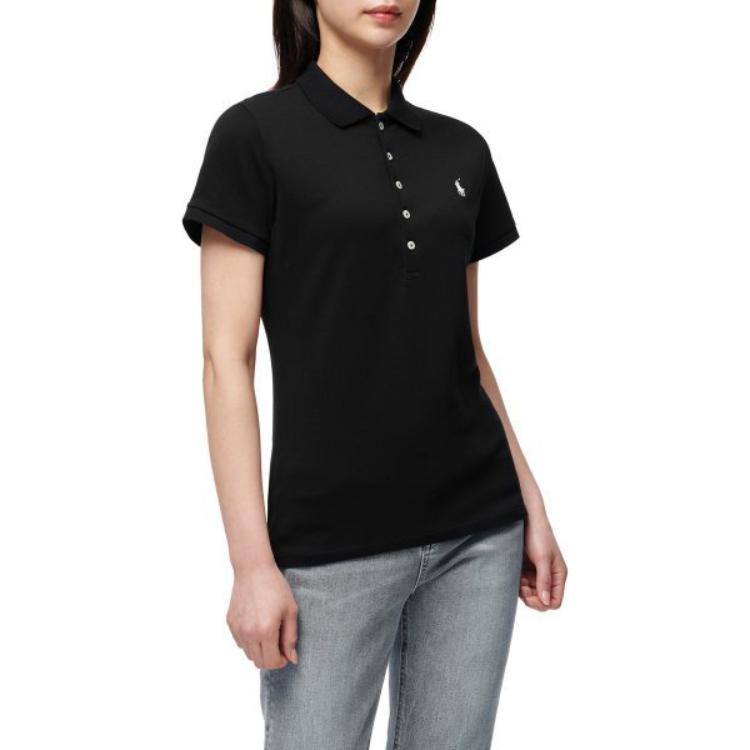 Polo Ralph Lauren SS22 Slim Fit Stretch Solid Short Sleeve Polo Shirt Women Tops Black WMPOKNINCU20251-001