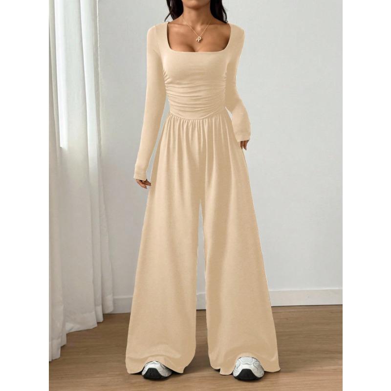 Women Fashion Casual Long Sleeve Square Neck Solid Wide Leg Jumpsuit