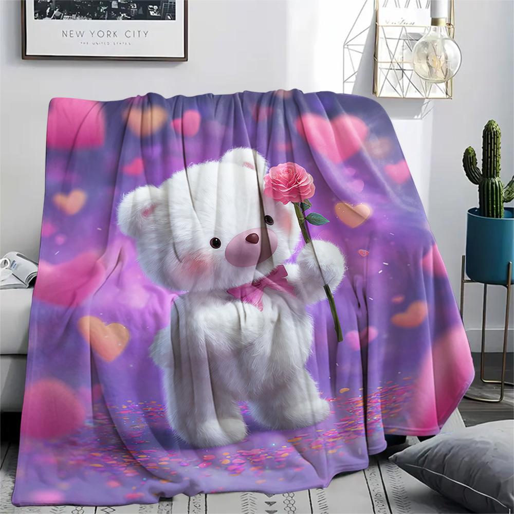 Bear Doll Print Flannel Blanket, High quality Comfortable for All Seasons, Home Decor, Warmth and Comfort, Perfect for Christmas Gifts