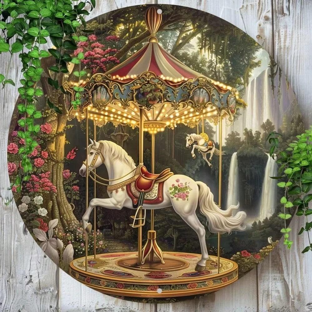 

Vintage Carousel Horse Tin Sign, Printed Metal Poster, Weatherproof Wall Decor білий