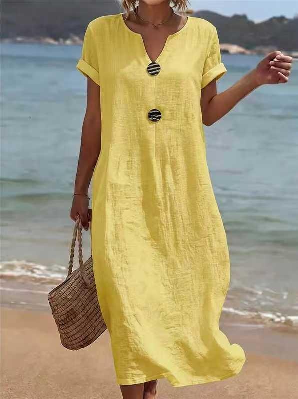 Summer European and American New Seaside Vacation White Women's Casual Solid Color Cotton and Linen Dress Mixed Batch
