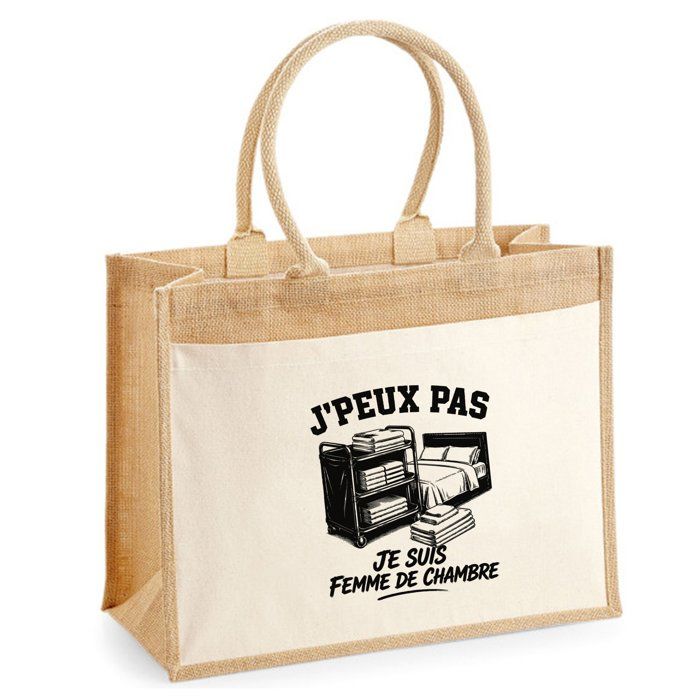 Sac Cabas Jute avec Poche J’peux pas je suis Femme de chambre J'peux pas minimaliste | Toile de Jute et Coton 21 L Fond Plat Anses