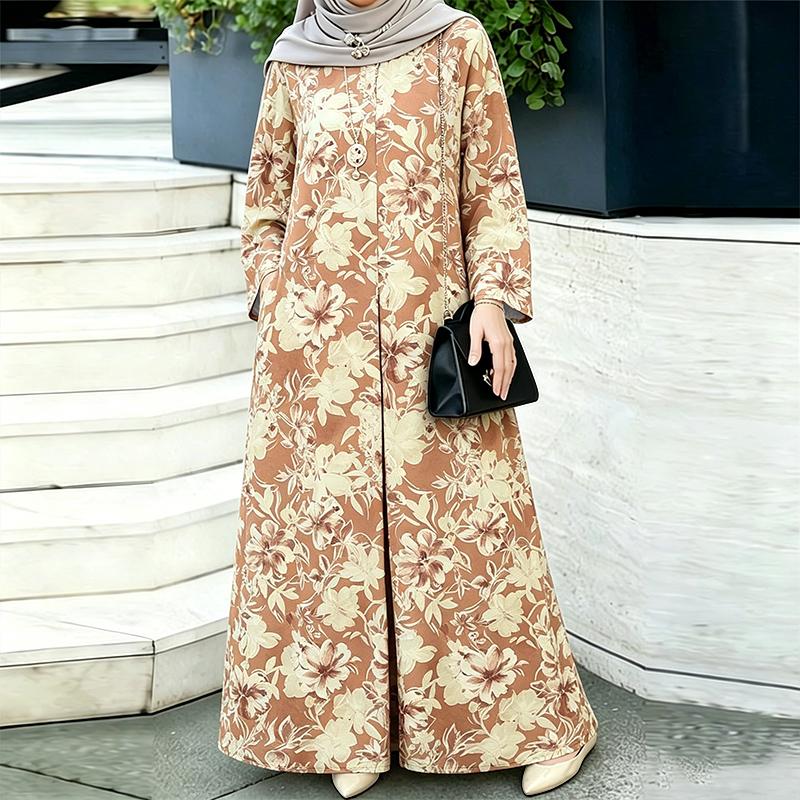 ZANZEA Women Casual Round Neck 3/4 Sleeve Floral Print Loose Long Dress M оранжевый