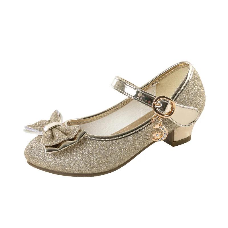 Sequins Girl Leather Shoes Spring Autumn Versatile Children Catwalk Princess Shoes Fashion Wedding Party Kids Bowknot High Heels