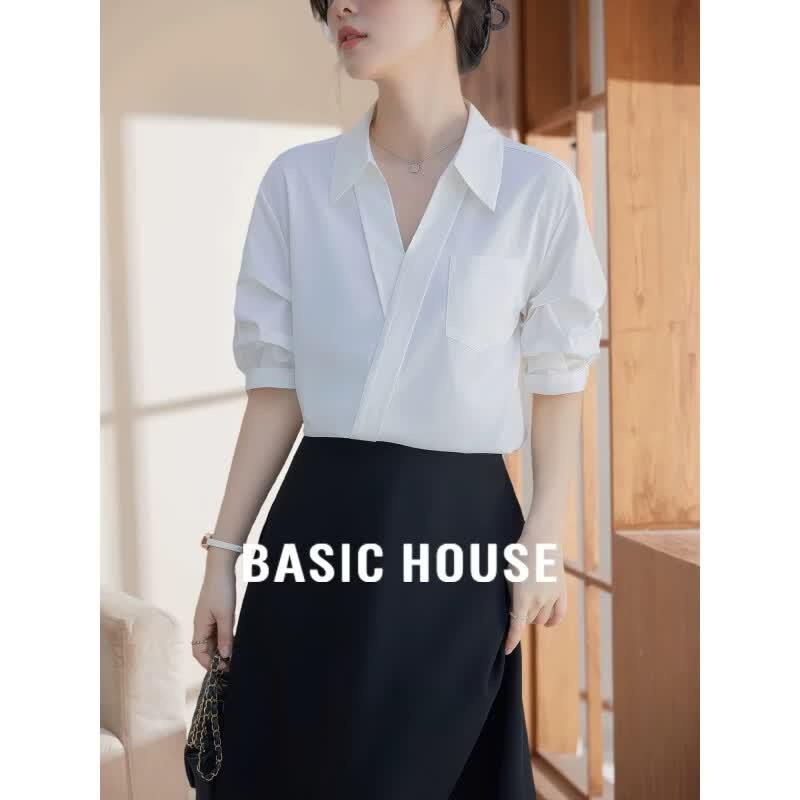 Basic House Women s Commuter Polo Collar Short Sleeve Shirt S