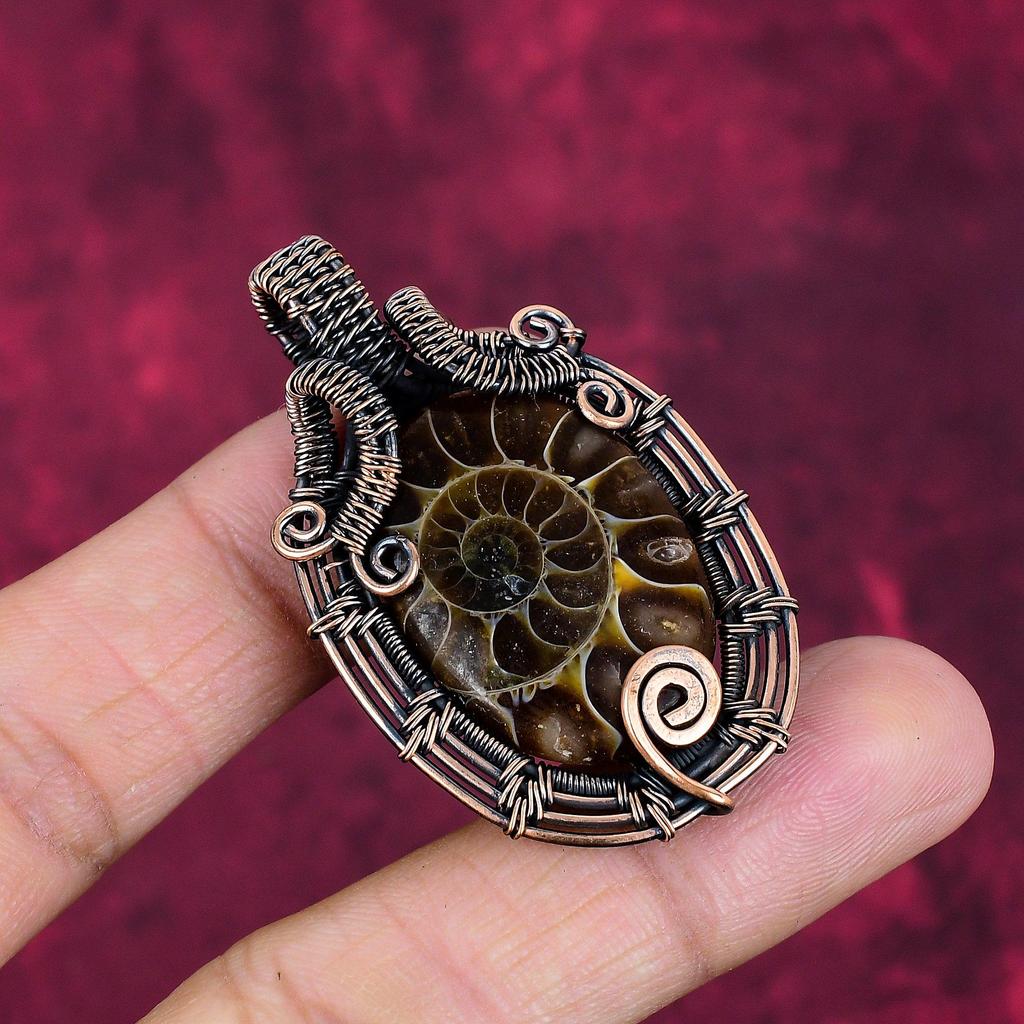 Ammonite Fossil Gemstone Pendant Copper Wire Wrapped Jewelry Handmade Pendant