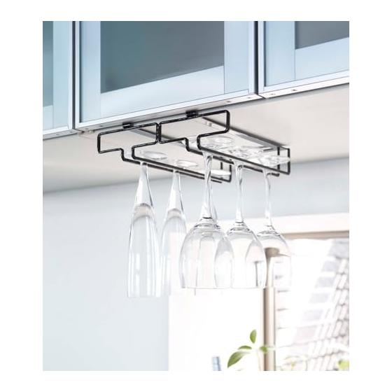 Yamazaki Jitsugyo Under Cabinet Wine Glass Hanger Double Black Approx. W22 x D26 x H7cm Tower No Drilling or Screws Required Kitchen Hanging Shelf