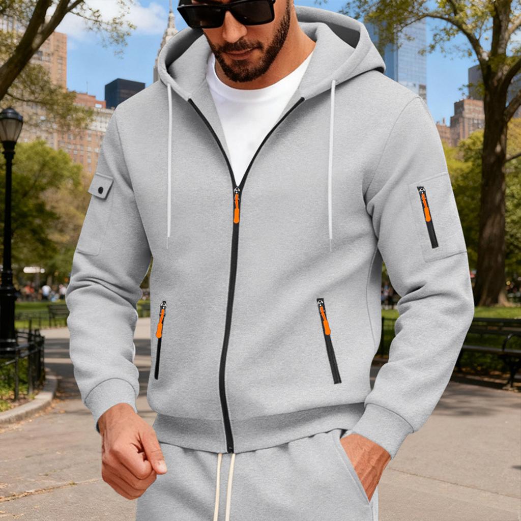 Men's Loose Hooded Zipper Arm Pocket Cardigan Men's Sports Casual Sweatshirt Jacket