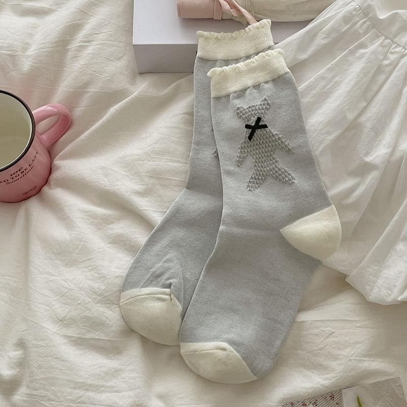 

Female Spring and Autumn Match Color Sweet Lace Bow Three Dimensional Relief Bear Tube Socks 1 pair светло-серый