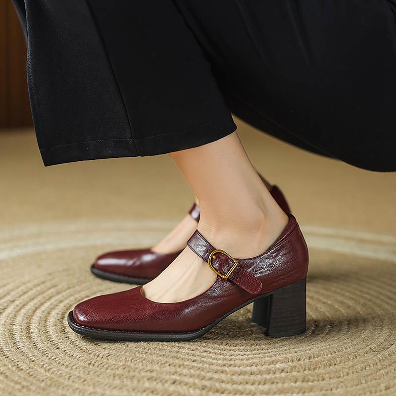 Krazing Pot Sheepskin Fashion Summer Spring Autumn Thick High Heels Metal Buckle Women  European Design Square Toe Pumps