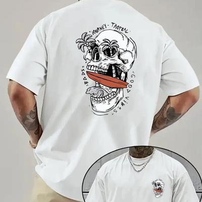 New Men'S Round Neck Short Sleeve T-Shirt with Skull Print, Casual Sports Trendy Loose Top, Double-Sided Printing On Both Front And Back