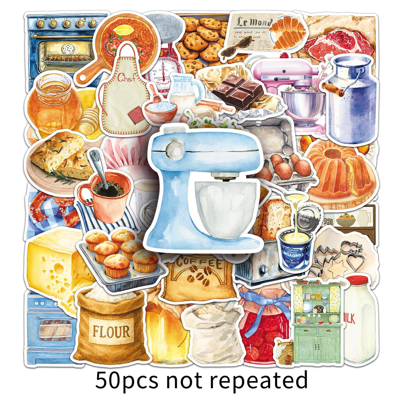 50 Creative Cartoon Baking Stickers: Kitchen, Cookies, Retro Graffiti, Journal, Guitar, and Phone Decor