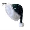 Santa Hat Christmas Sparkly for Women Men, Glitter Sequin with White Fluffy Trim Festive Costume Accessories Cosplay And Pom Pom, Holiday Party Bling