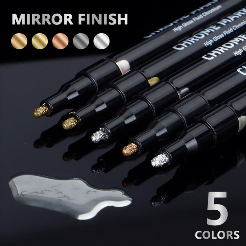 5 Pcs Chrome Mirror Marker Pen 2Mm Diy Reflective Paint Pens Permanent Gold Silver Copper Marker Model Painting Marking