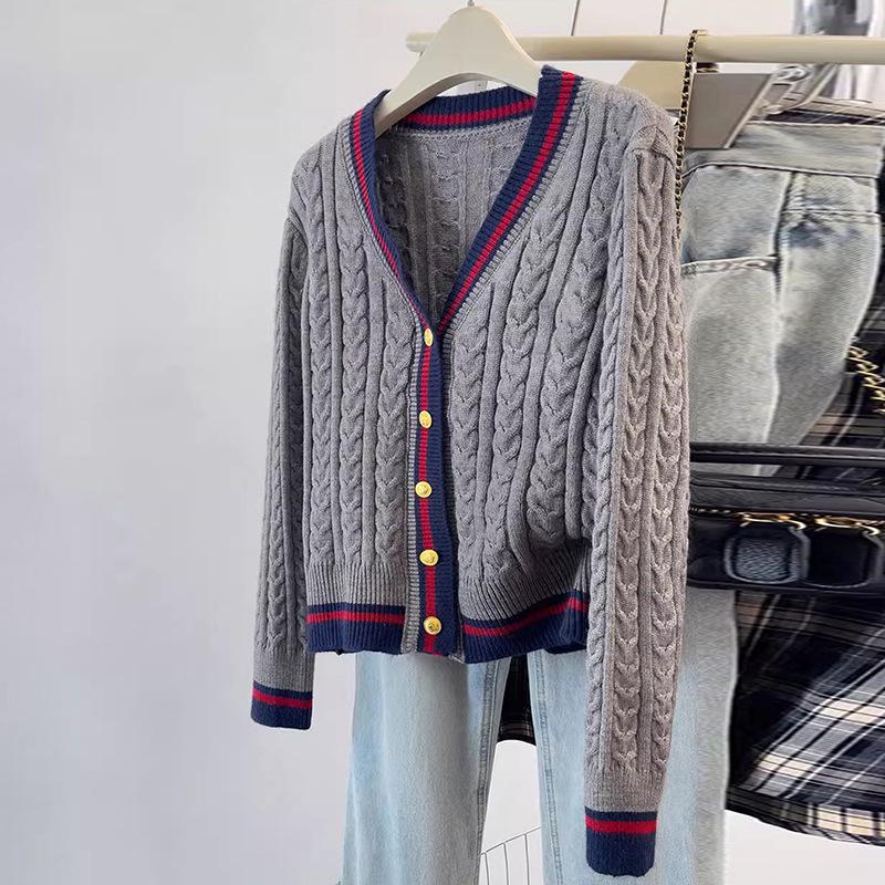 College Style V-Neck Color Block Wool Cardigan Women's Slimming Cable Knit Sweater Coat