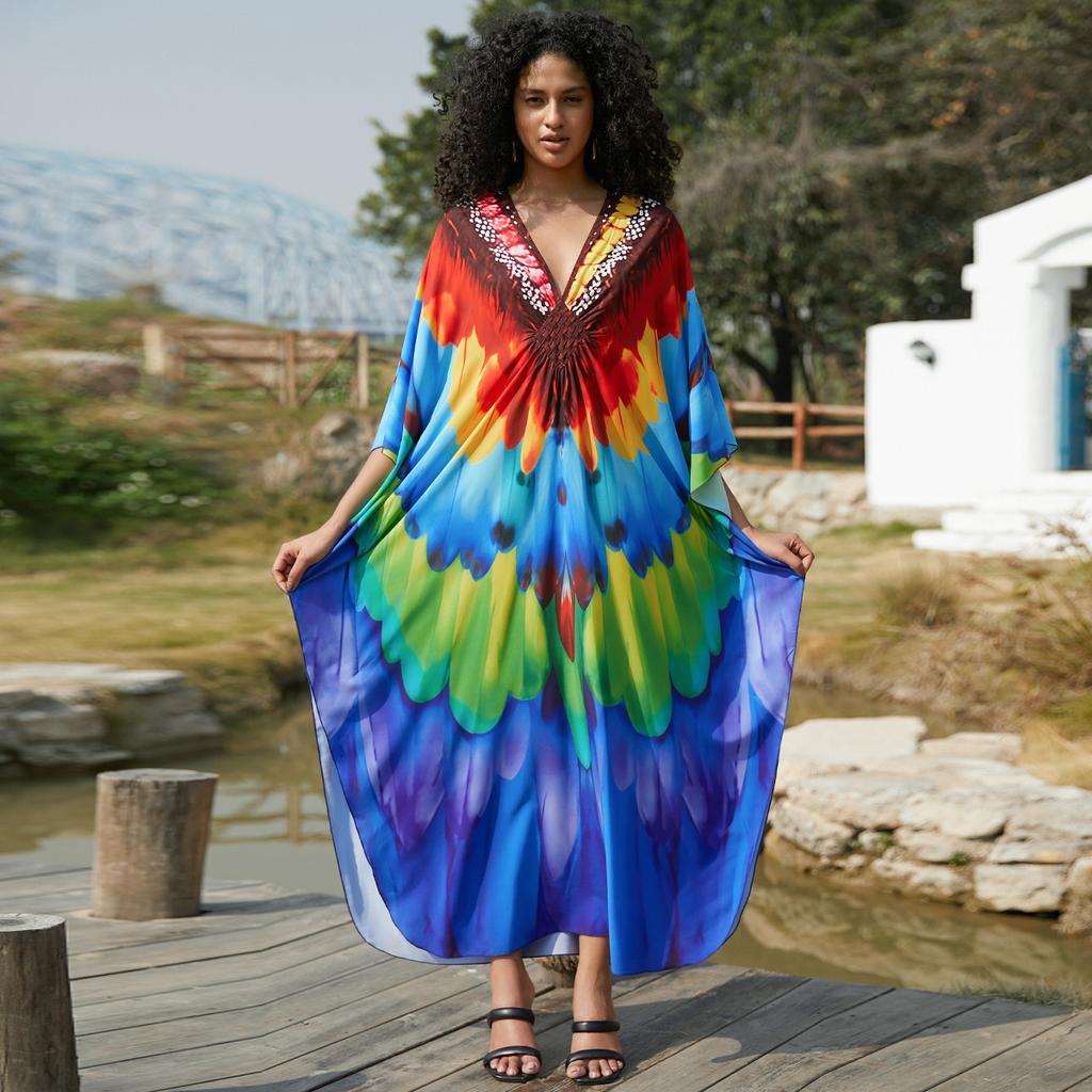 Strand Kaftan Kleider Damen Handgefertigt Gewebte Dekoration Cover Ups für Badebekleidung Schmetterling Bedruckte Maxi Robe Heißer Verkauf