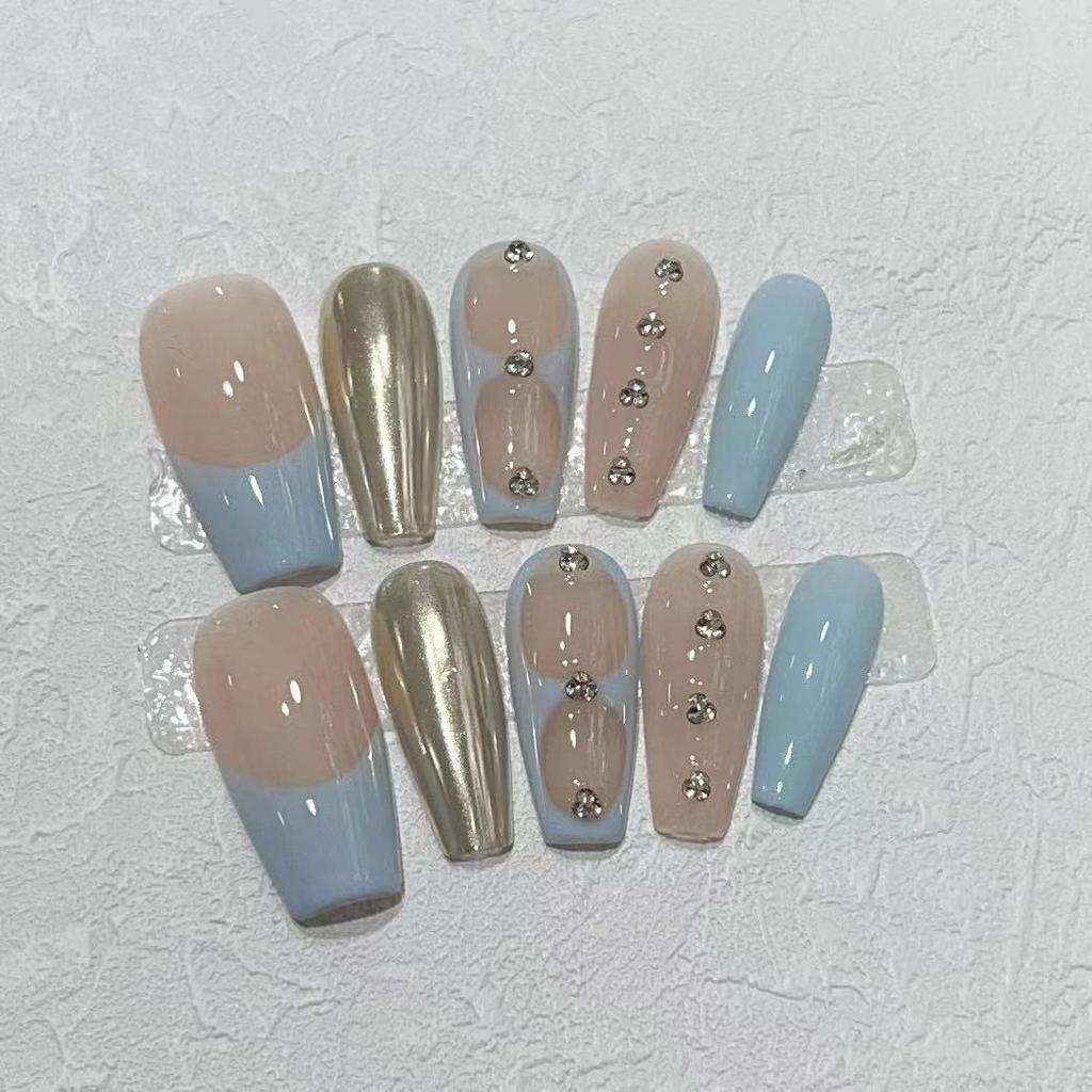 Pure Hand-wearing, Simple Blue French Nail Art Patch for Summer, Detachable Fake Nails
