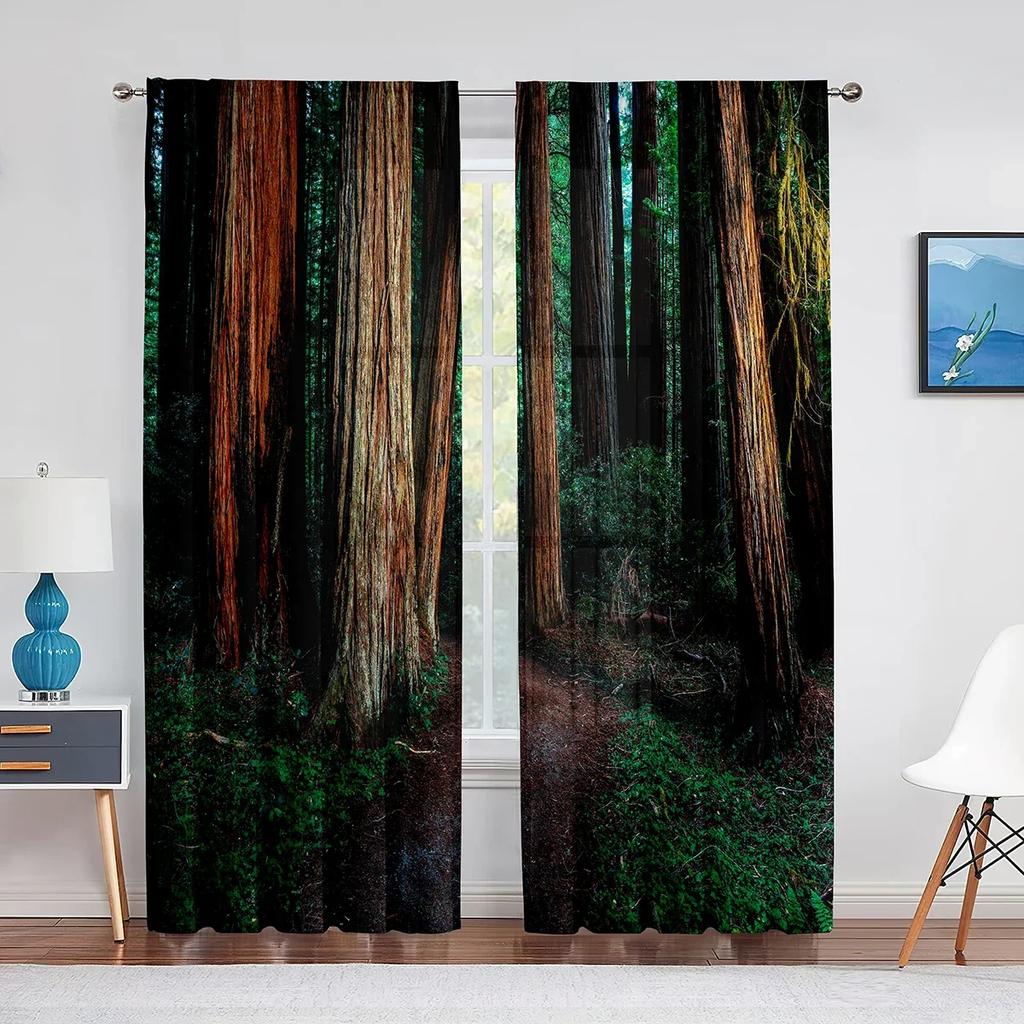 3D Woodland Forest Foliage Sunbeams Nature View Curtains for Living Room Bedroom Kitchen Decor Sheer Curtains Window 2pcs Cortin