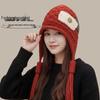 Handmade Red Knitted Beanie with Braid Tassels and Ear Protection