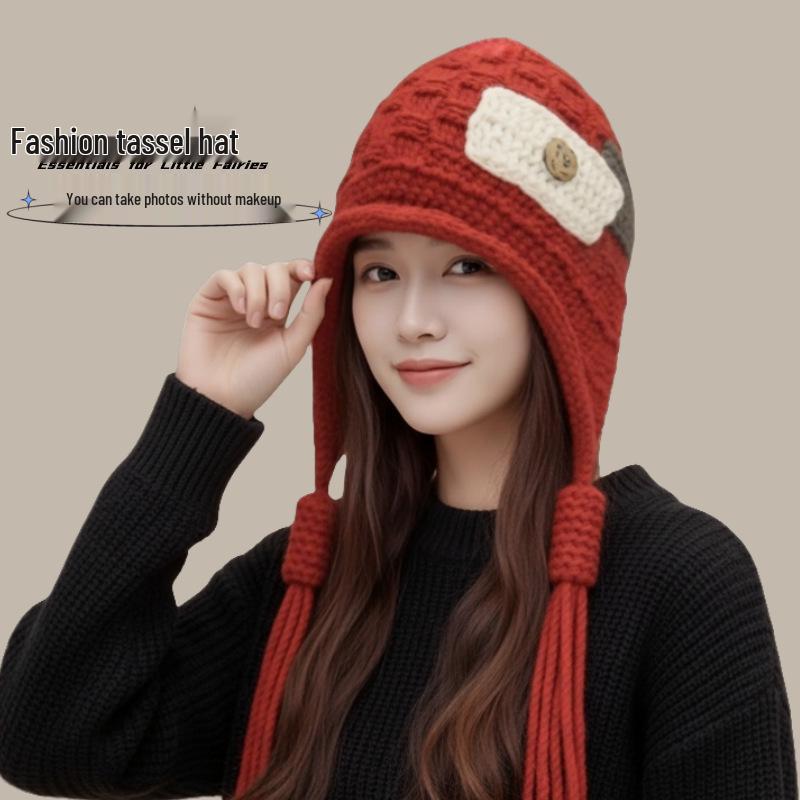 Handmade Red Knitted Beanie with Braid Tassels and Ear Protection
