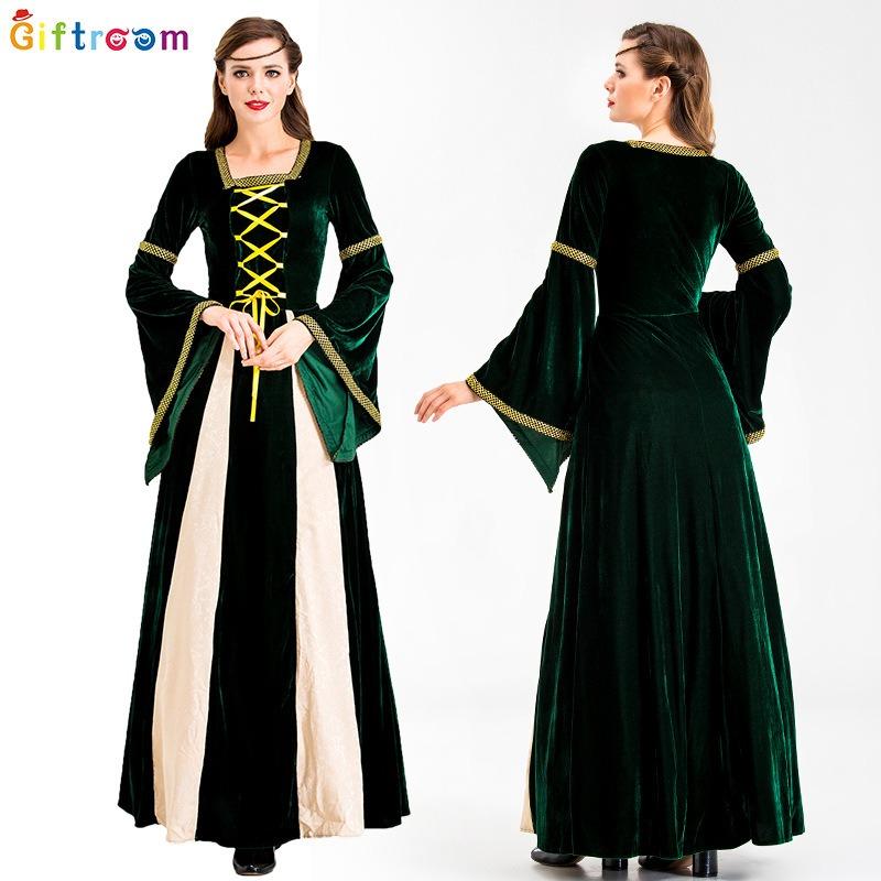 Vintage Halloween Christmas Court Costume Adult Female Golden Velvet Dress Gorgeous Noble Strap Dress Dress